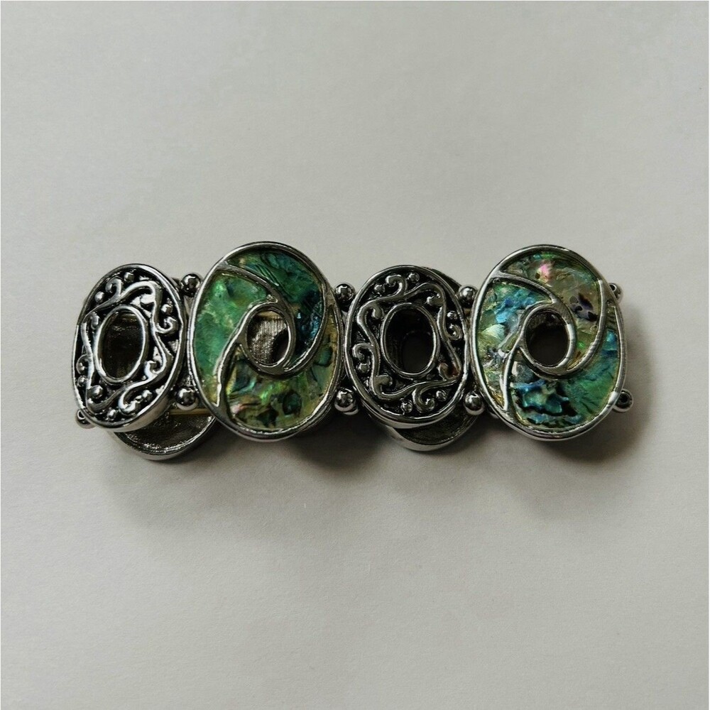 Vintage Silver-tone Stretch Bracelet Abalone Inlay Shells Metal Scrollwork